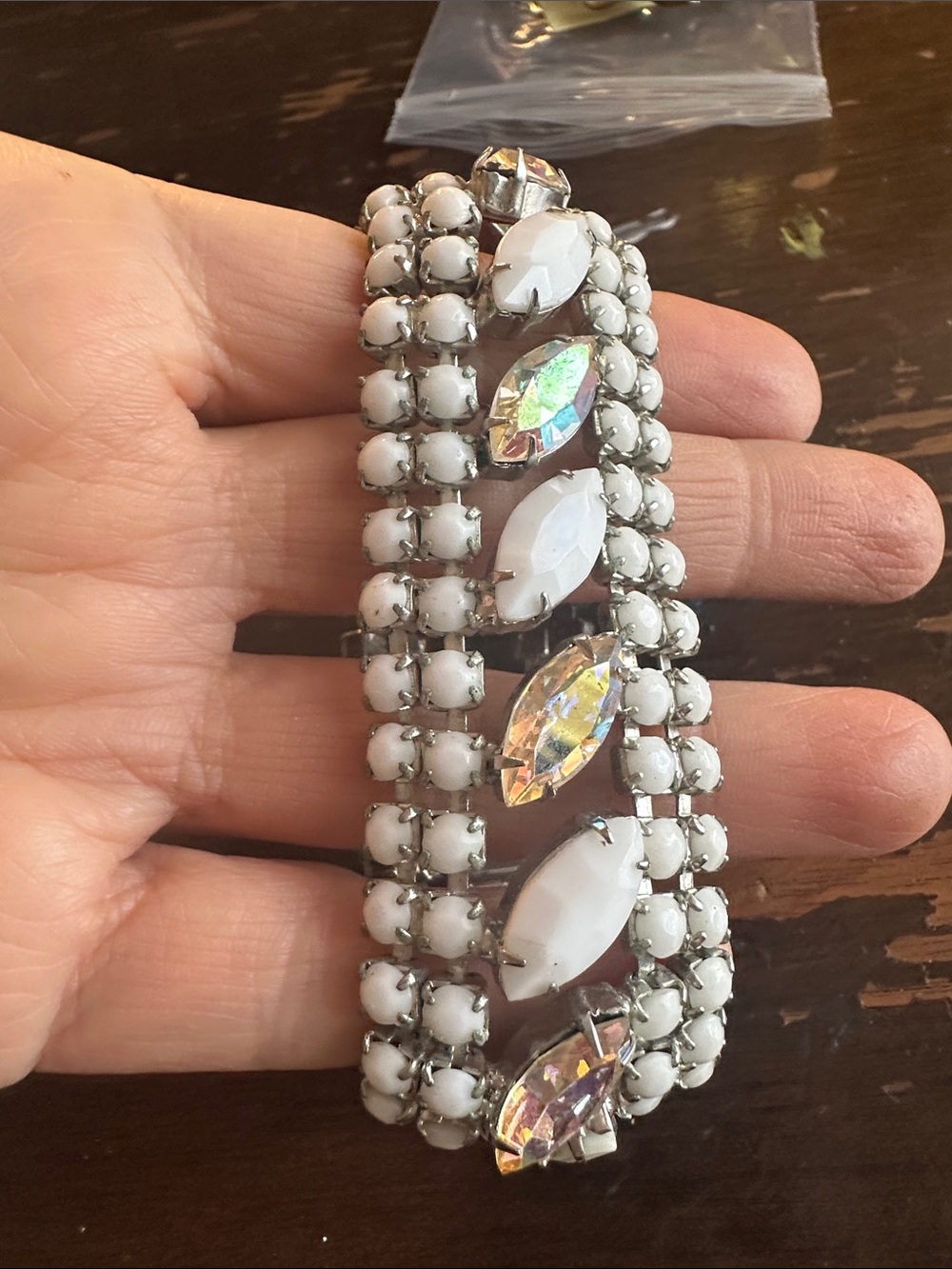 Weiss signed 50’s milk glass and ab rhinestone bracelet 7.5”